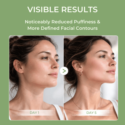 Before and after results using Olivine Beauty contour face brush showing reduced puffiness and more defined facial contours