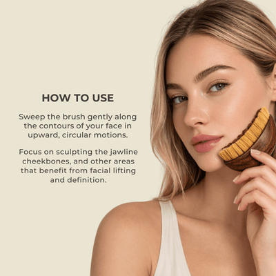 Woman demonstrating how to use Olivine Beauty contour face brush along jawline and cheekbones