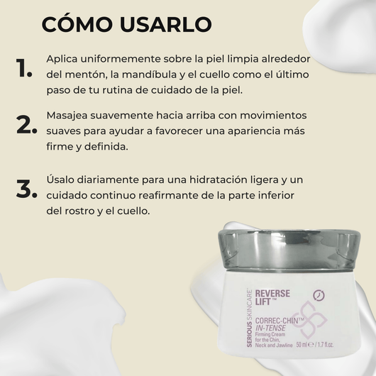 Olivine Beauty guía de uso de CORREC-CHIN con pasos de aplicación y crema reafirmante.