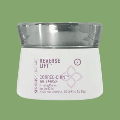 Olivine Beauty CORREC-CHIN IN-TENSE crema reafirmante con tapa plateada sobre fondo verde.