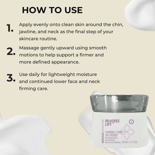 Olivine Beauty CORREC-CHIN how to use instructions with firming cream product image and skincare steps.