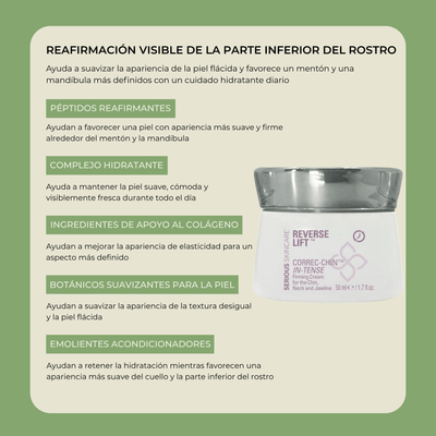 Olivine Beauty infografía de ingredientes y beneficios de CORREC-CHIN con péptidos y complejo hidratante.