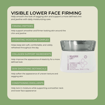 Olivine Beauty CORREC-CHIN ingredient benefits infographic with peptides, hydration complex, and collagen support.