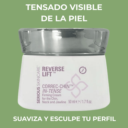 Olivine Beauty CORREC-CHIN crema reafirmante con texto de tensado visible de la piel sobre fondo verde.