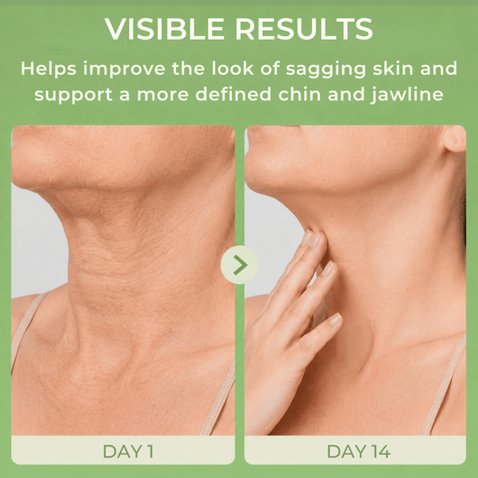 Olivine Beauty neck and jawline comparison showing smoother-looking skin appearance over time.
