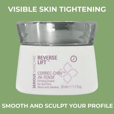 Olivine Beauty CORREC-CHIN Firming Cream product image with visible skin tightening headline on green background.