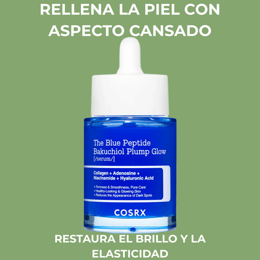 Botella de COSRX Blue Peptide Bakuchiol Plump Glow Serum sobre fondo verde con mensaje de brillo y elasticidad