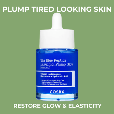 COSRX Blue Peptide Bakuchiol Plump Glow Serum bottle on soft green background with plump glow messaging