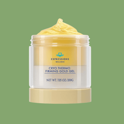 Envase del Olivine Beauty Cryo Thermo Firming Gold Gel sobre fondo verde suave