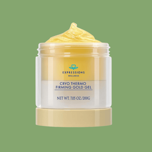 Envase del Olivine Beauty Cryo Thermo Firming Gold Gel sobre fondo verde suave