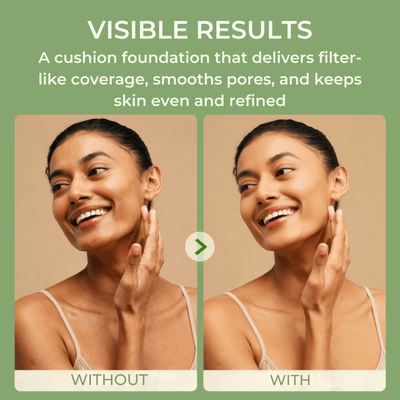 Before and after cushion foundation showing smoother even skin