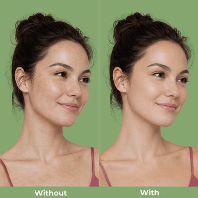 Before and after comparison showing smoother, more even complexion after applying Olivine Beauty Daily Tinted Fluid Sunscreen.