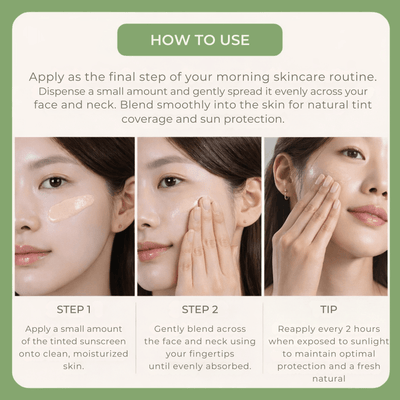 Woman demonstrating how to apply Olivine Beauty Daily Tinted Fluid Sunscreen with fingertip blending steps for smooth natural coverage and SPF protection.
