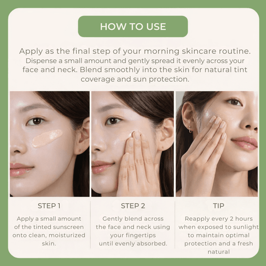 Woman demonstrating how to apply Olivine Beauty Daily Tinted Fluid Sunscreen with fingertip blending steps for smooth natural coverage and SPF protection.