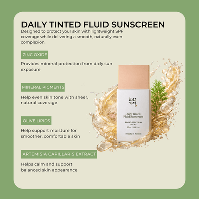 Key ingredients of Olivine Beauty Daily Tinted Fluid Sunscreen including zinc oxide, mineral pigments, olive lipids, and artemisia capillaris extract.
