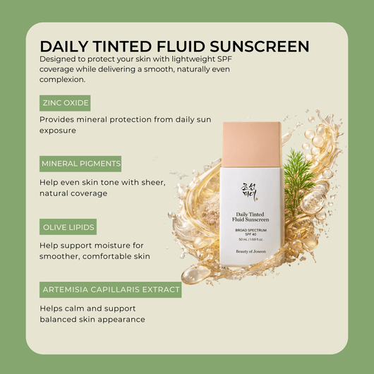 Key ingredients of Olivine Beauty Daily Tinted Fluid Sunscreen including zinc oxide, mineral pigments, olive lipids, and artemisia capillaris extract.