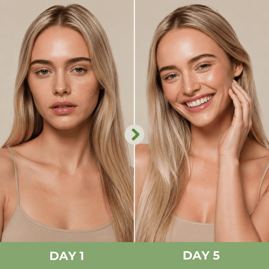 Side-by-side skincare comparison showing healthier glowing skin by day 5
