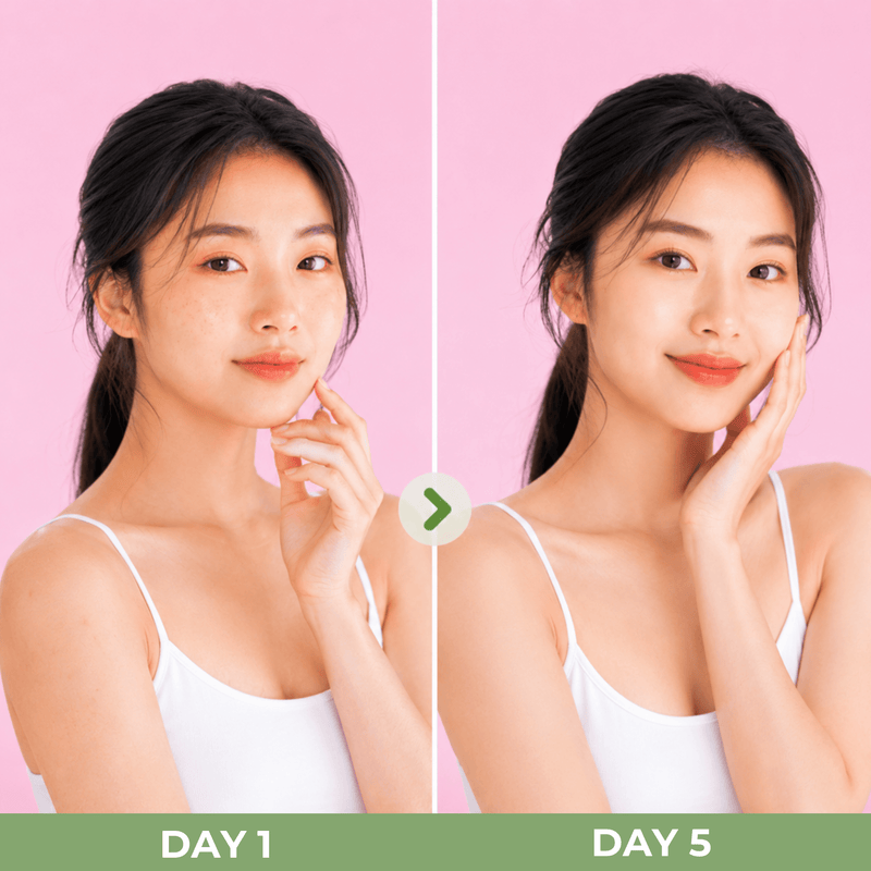 Day 1 and Day 5 comparison showing brighter-looking smoother-looking skin appearance