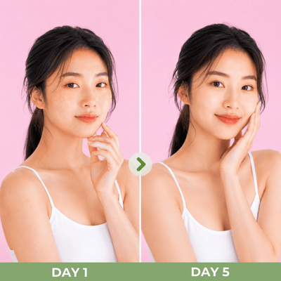 Day 1 and Day 5 comparison showing brighter-looking smoother-looking skin appearance
