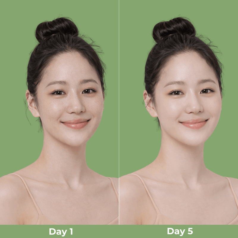 Olivine Beauty skincare results day 1 vs day 5 showing smoother skin and less visible pores