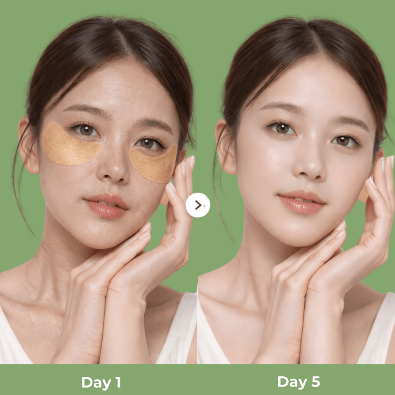 Day 1 and Day 5 under eye comparison using Olivine Beauty eye patches for smoother looking skin