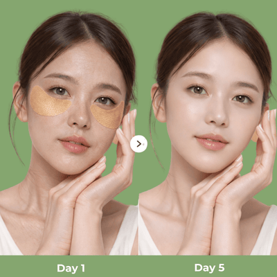 Day 1 and Day 5 under eye comparison using Olivine Beauty eye patches for smoother looking skin