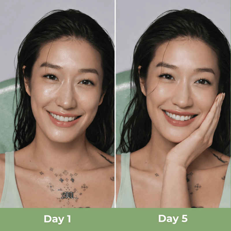 Day 1 vs day 5 results showing smoother more hydrated glowing skin