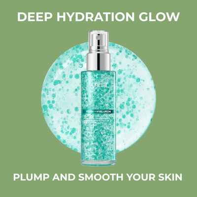 Anua PDRN + Hyaluron facial mist bottle with aqua hydration capsule background and glow-focused skincare design.