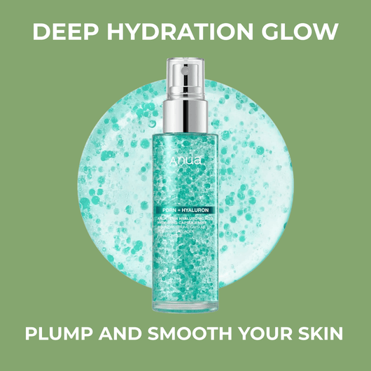 Anua PDRN + Hyaluron facial mist bottle with aqua hydration capsule background and glow-focused skincare design.