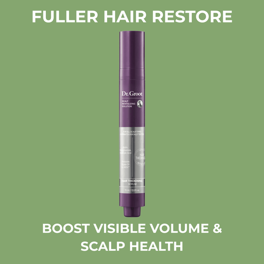 Olivine Beauty Dr. Groot scalp revitalizing hair thickening serum product hero image with fuller hair messaging