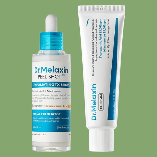 Dr Melaxin Peel Shot TX Exfoliating Serum and TX Cream product packaging on green background