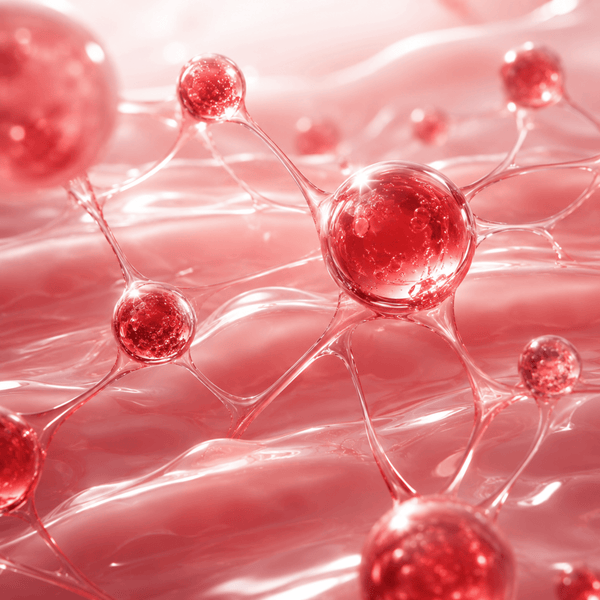 Luxury EGF skincare visualization with red molecular support structures and hydration textures.
