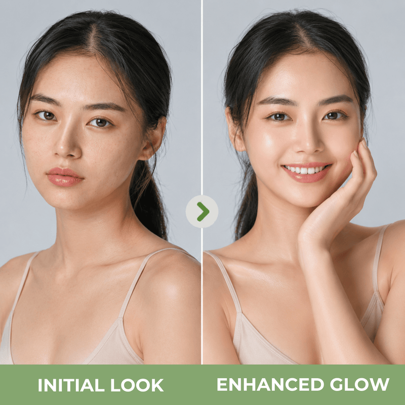 Comparison showing enhanced glow and hydrated-looking skin with Olivine Beauty cream