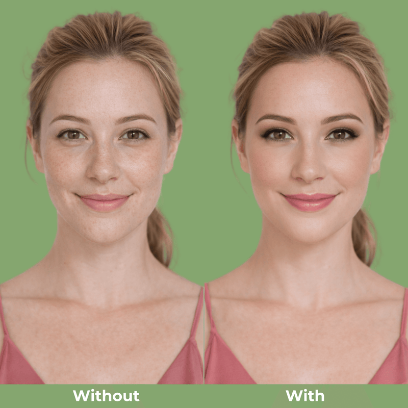Before and after makeup results using Olivine Beauty eye and cheek palette showing enhanced glow contour and balanced complexion