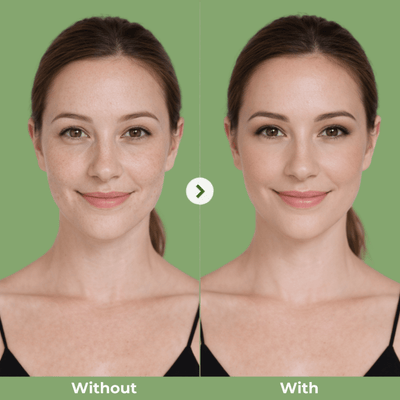 Model before and after using Olivine Beauty eye and cheek palette showing refined glow and sculpted features