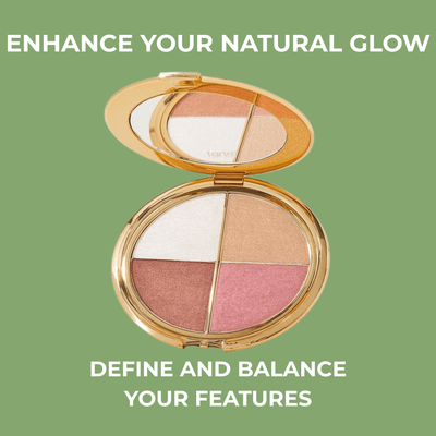 Olivine Beauty eye and cheek palette open gold compact with highlight contour and blush shades