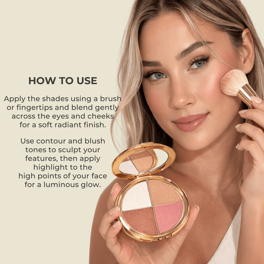 Woman applying Olivine Beauty eye and cheek palette with makeup brush for glowing finish