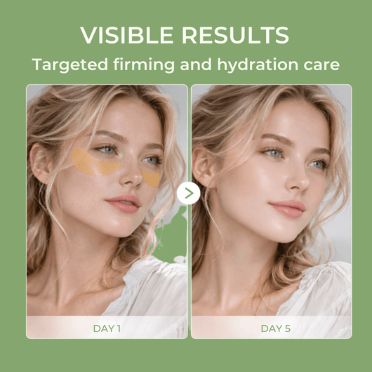 Olivine Beauty calcium eye patch visible results showing smoother looking under eye skin after five days of use