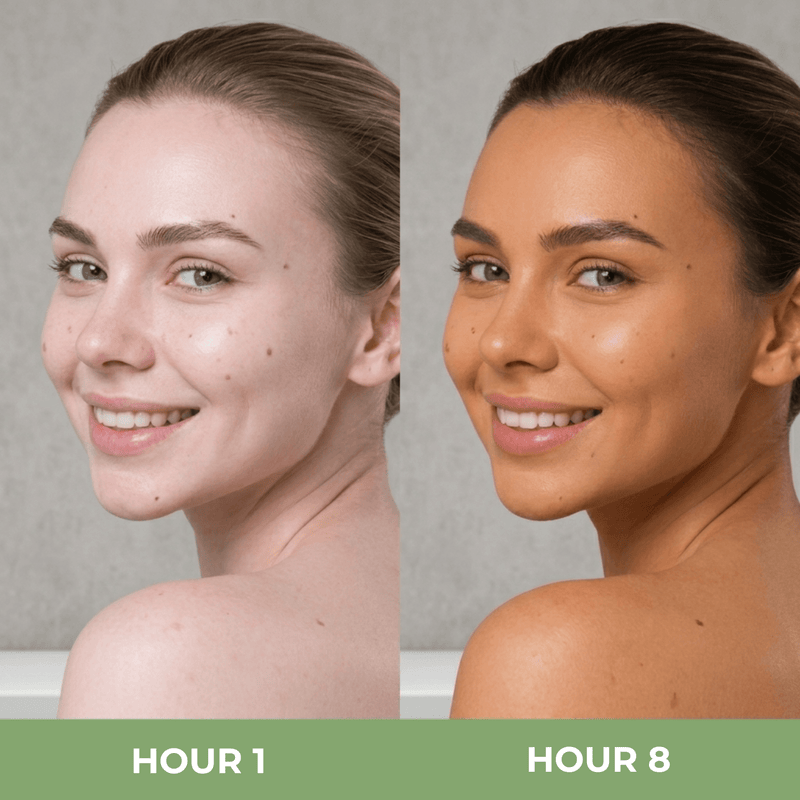 Close-up before and after transformation of a model’s face and neck showing a natural bronzed glow after using Olivine Beauty mist.
