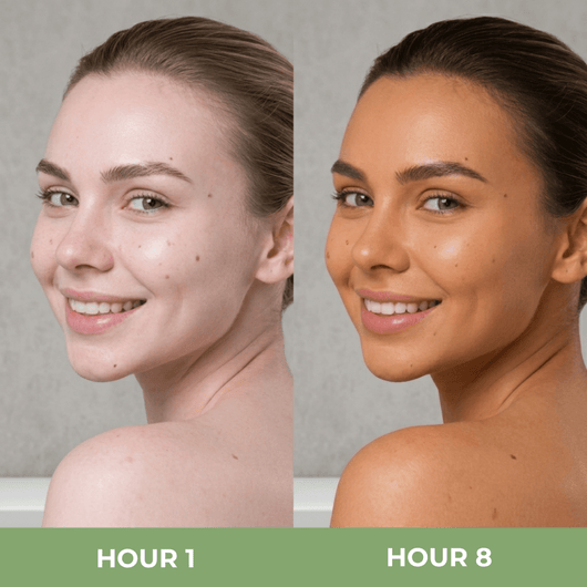 Close-up before and after transformation of a model’s face and neck showing a natural bronzed glow after using Olivine Beauty mist.
