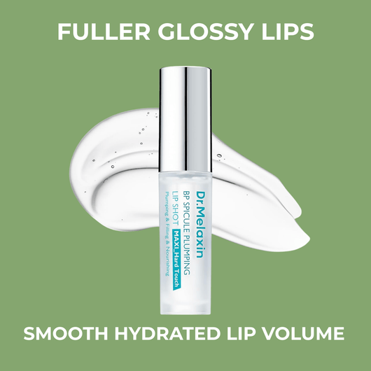 Dr.Melaxin BP Spicule Plumping Lip Shot with glossy lip volume hero heading design.