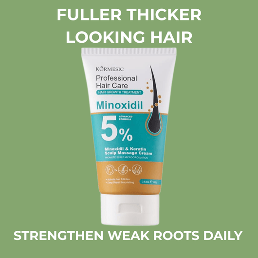 KÖRMESIC Minoxidil 5% Hair Growth Scalp Massage Cream with fuller thicker looking hair headline on sage green background.
