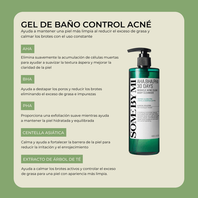 Gel de baño control acné con AHA BHA PHA y centella asiática de Olivine Beauty