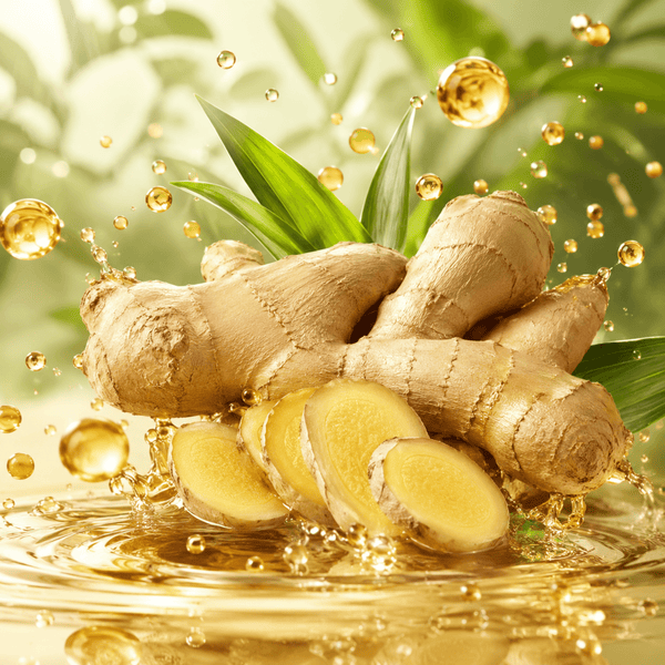 Fresh ginger roots with golden liquid textures representing scalp nourishment and healthier-looking hair support.