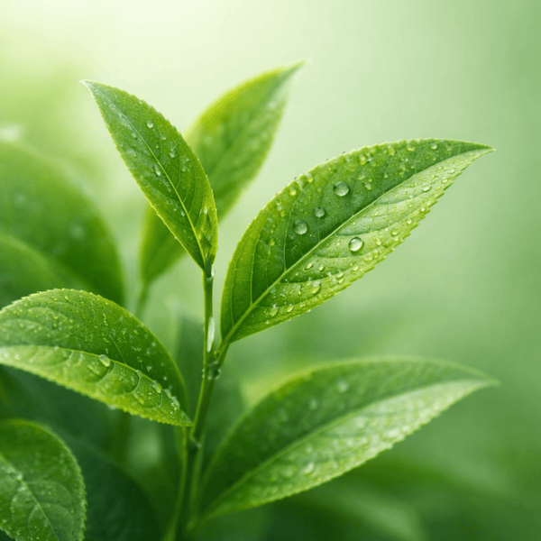 Green tea leaves with droplets for calming and refreshing skin while reducing shine