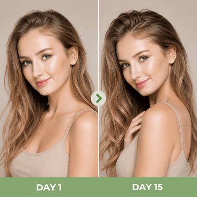 Day 1 vs Day 15 comparison showing fuller looking hair and improved scalp condition