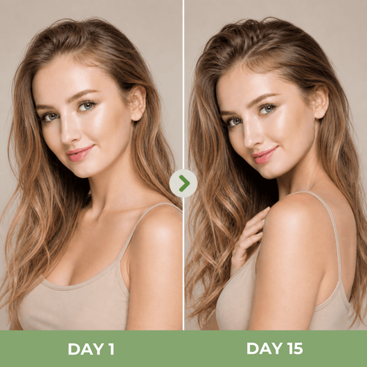 Day 1 vs Day 15 comparison showing fuller looking hair and improved scalp condition