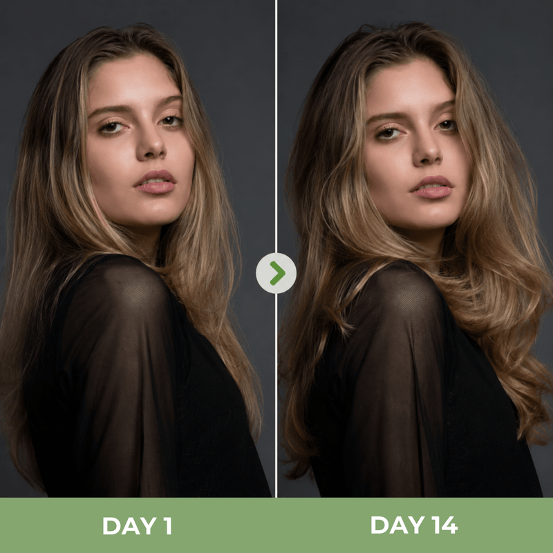 Before and after hair appearance comparison showing fuller healthier-looking strands after consistent scalp care.