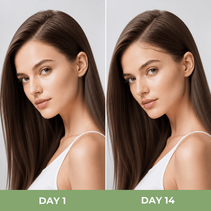 Comparison of hair appearance from day 1 to day 14 showing improved smoothness