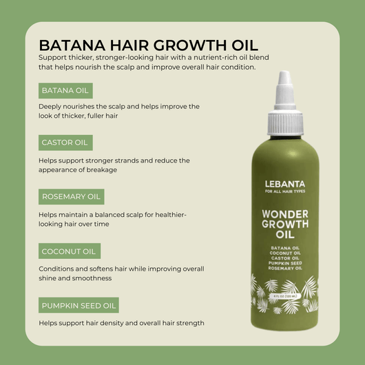Hair growth oil ingredients including batana, castor, rosemary, and coconut oils